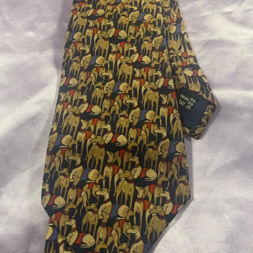 Salvatore Ferragamo Silk Dogs Tie with Gold, Red & Blue Accents